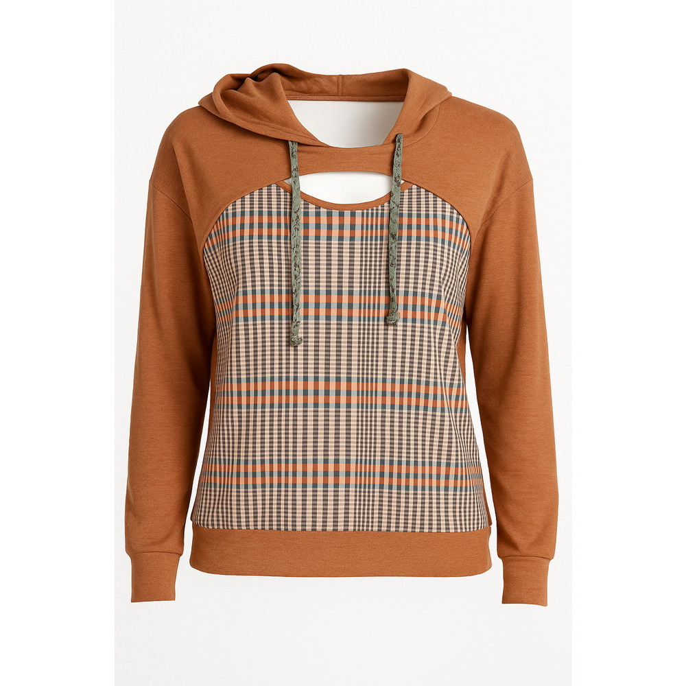 Sugarfox Plaid Hooded Pullover Rust Checkered Soft Lightweight Cozy Fall Top M
